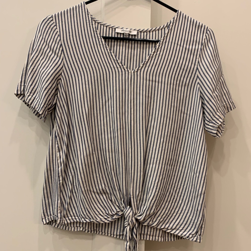 Madewell shirt, size XXS, front tie, blue and white pin stripe